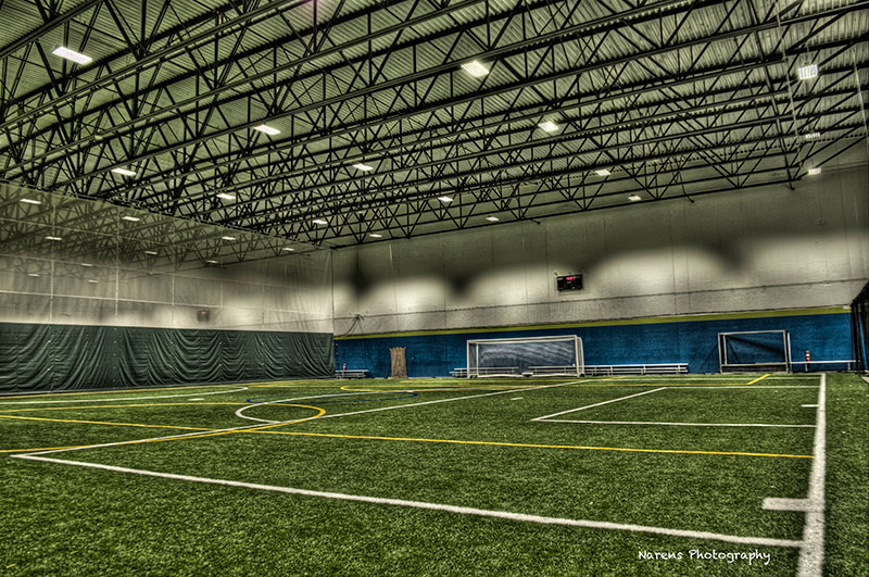 Wide view of the indoor turf field